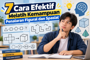 Ilustrasi siswa mempelajari penalaran figural dan spasial melalui pola bangun geometri, rotasi gambar, serta visualisasi objek tiga dimensi.