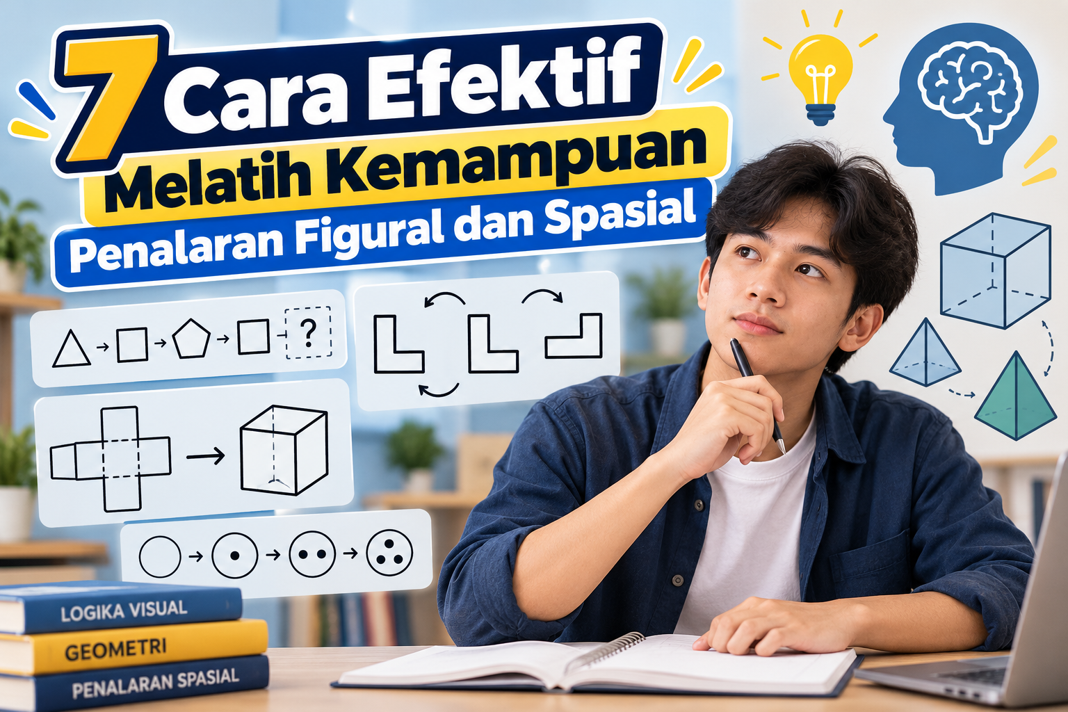 Ilustrasi siswa mempelajari penalaran figural dan spasial melalui pola bangun geometri, rotasi gambar, serta visualisasi objek tiga dimensi.