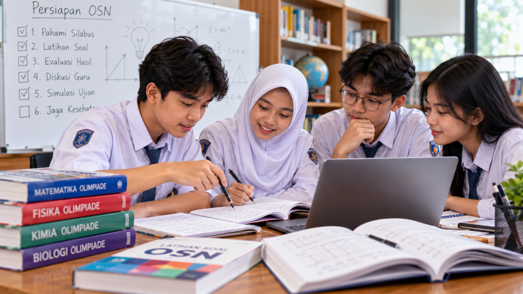 Siswa SMA belajar kelompok dan berdiskusi mengerjakan soal Olimpiade Sains Nasional (OSN) bersama untuk persiapan seleksi tingkat kabupaten hingga provinsi