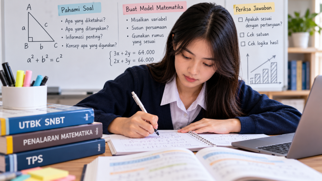 Siswa mengerjakan soal Penalaran Matematika UTBK SNBT dengan teknik pemodelan matematika untuk menjawab soal secara cepat dan tepat.