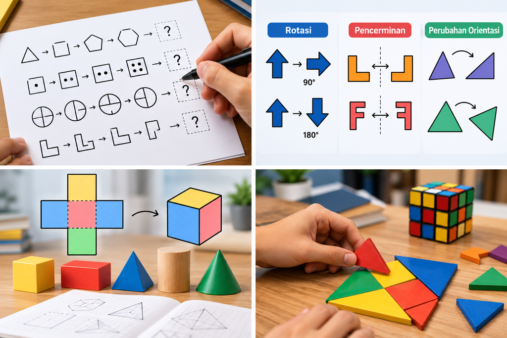 Ilustrasi latihan penalaran figural dan spasial melalui pola gambar, rotasi, pencerminan, bangun geometri tiga dimensi, dan puzzle tangram