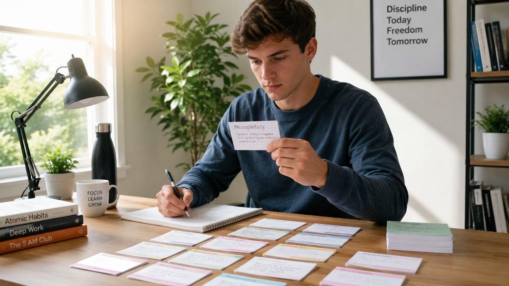 Siswa menggunakan flashcard dan catatan untuk menerapkan active recall serta spaced repetition dalam belajar mandiri.