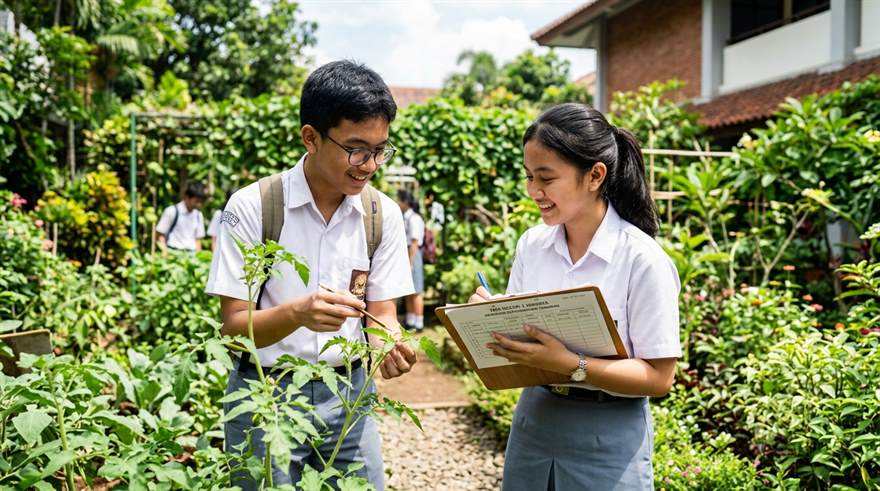 Dua siswa SMA mengamati pertumbuhan tanaman dan mencatat data lapangan di kebun sekolah